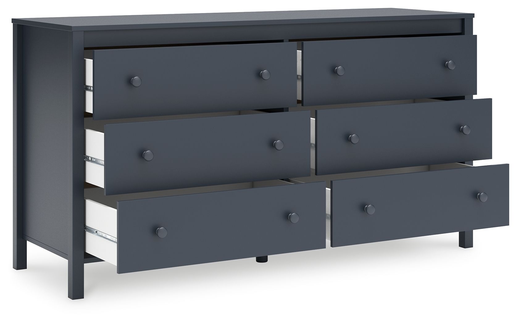 Multi-drawer dresser console in dark blue with round metal knobs