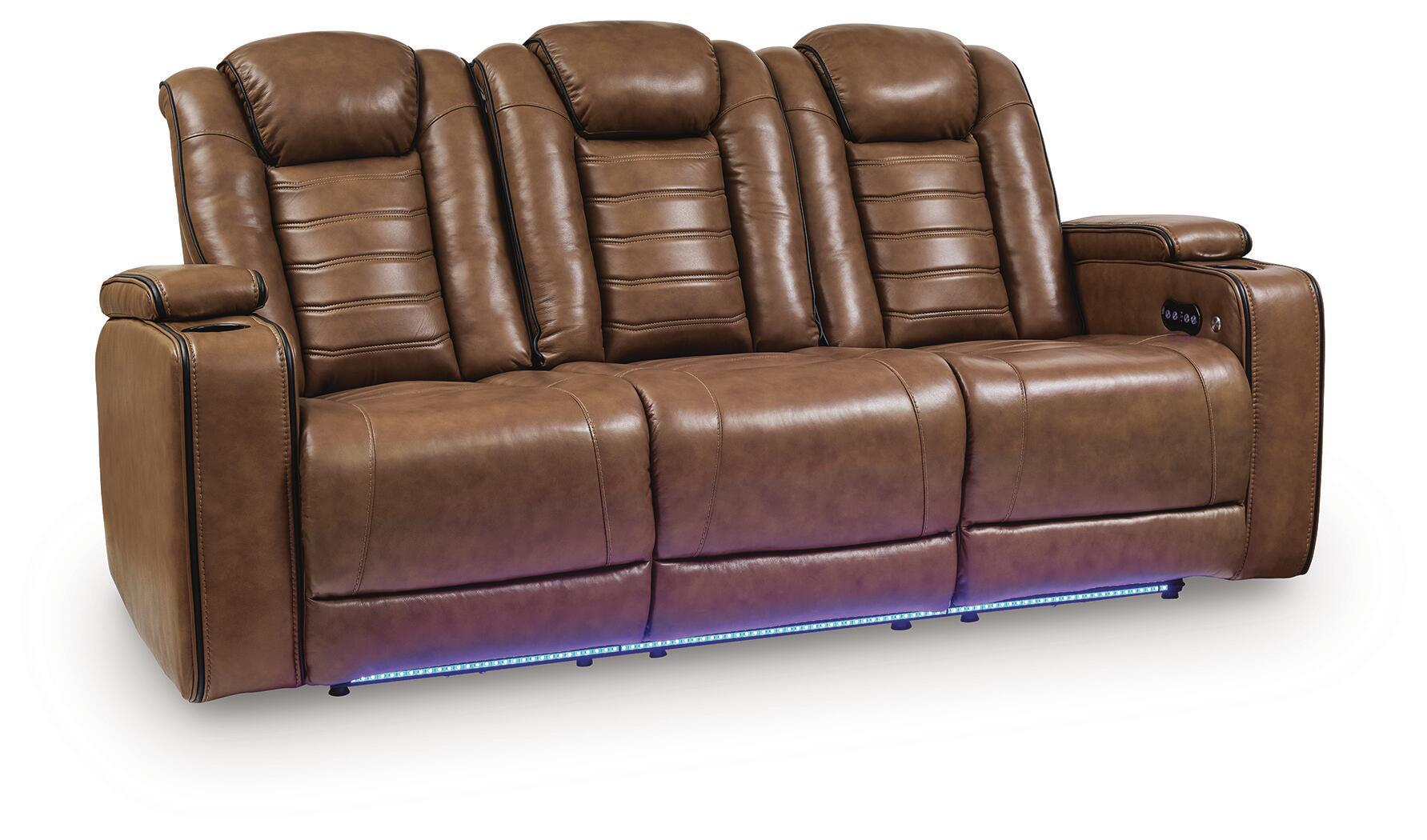 Brown leather power reclining sofa with adjustable headrests, padded arms and storage console