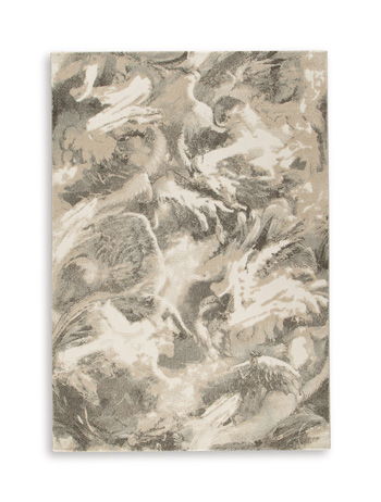 Beige and gray abstract patterned area rug with swirling, mottled texture