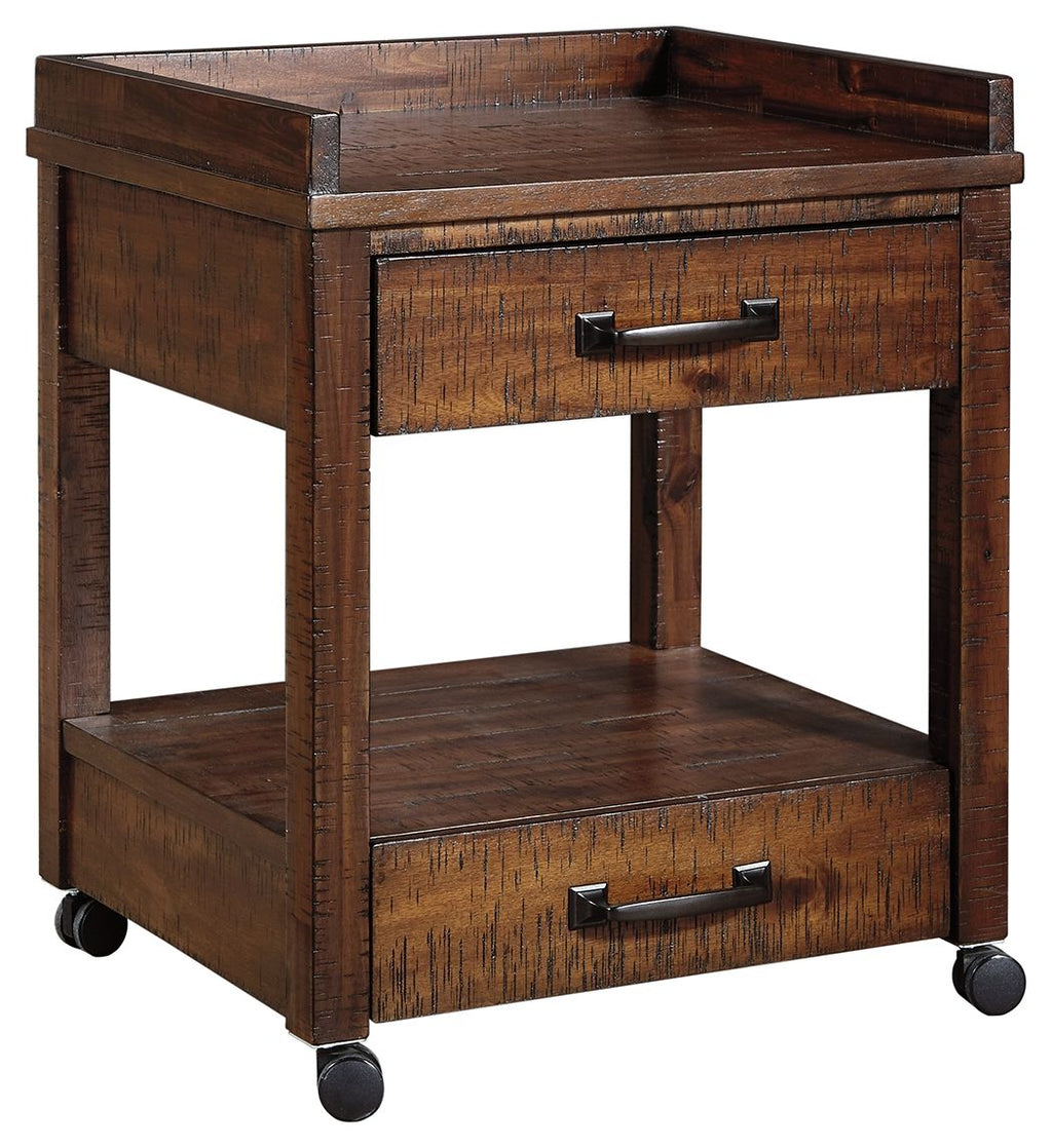Rustic brown printer stand with two drawers, open shelf, and caster wheels
