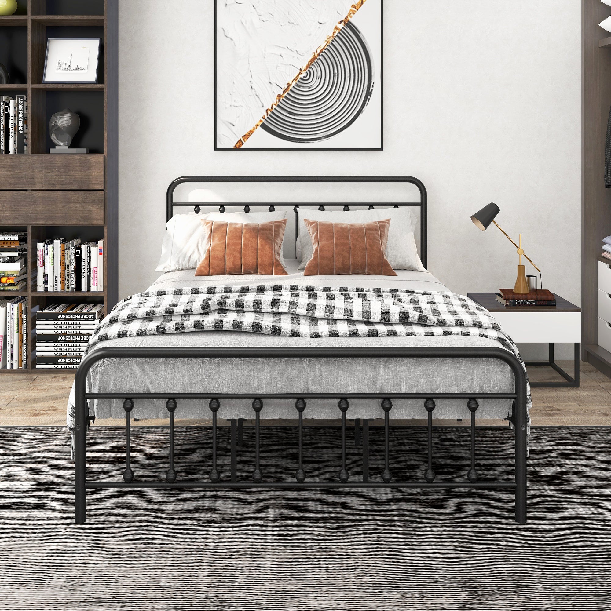 Queen Black Metal Platform Bed Frame, Victorian, Storage, No Box Spring