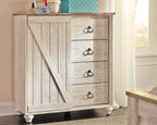 Whitewash dressing chest with diagonal door and four drawers