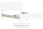 King panel rails, white frame with light natural wood beam, end caps at corners