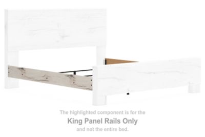 King panel rails, white frame with light natural wood beam, end caps at corners