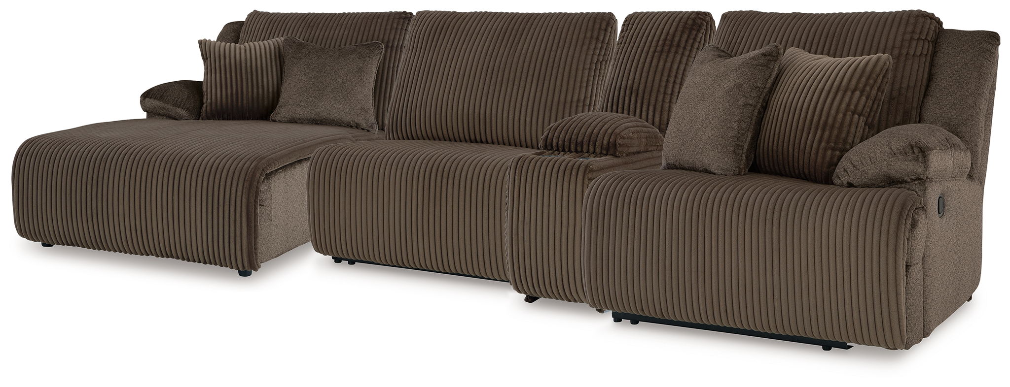 Reclining sectional sofa in dark brown corded fabric with multiple headrest pillows
