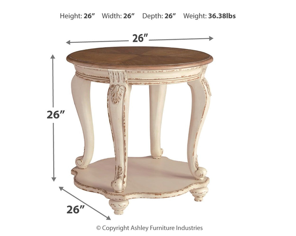Round end table with white distressed frame and brown round top