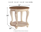Round end table with white distressed frame and brown round top