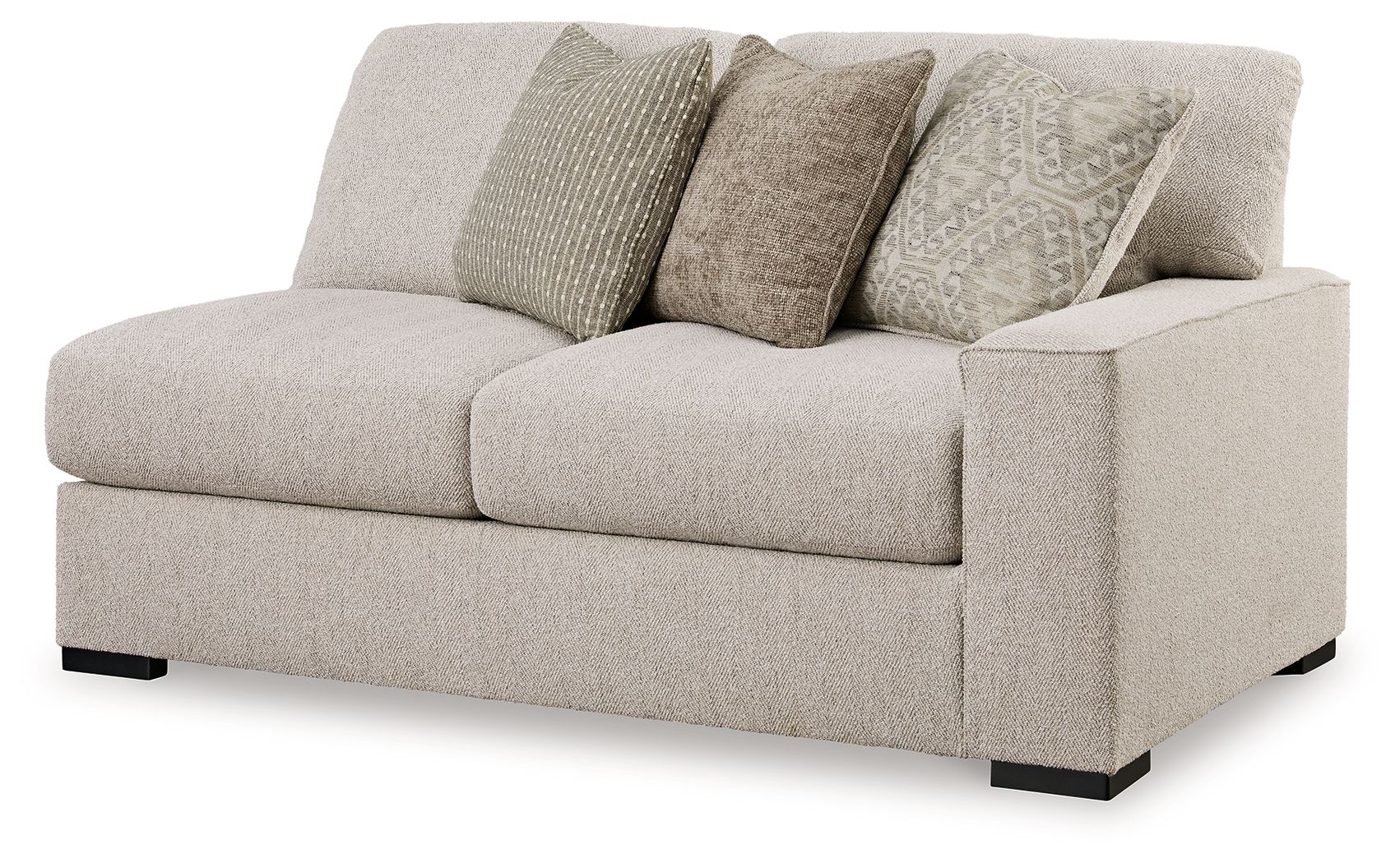 Sand-colored fabric loveseat with three seat cushions and dark feet