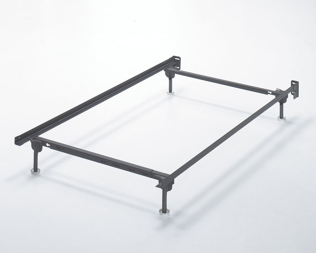 Bolt-on bed frame with dark metal rails and four leveling legs, no mattress