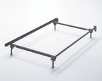 Bolt-on bed frame with dark metal rails and four leveling legs, no mattress