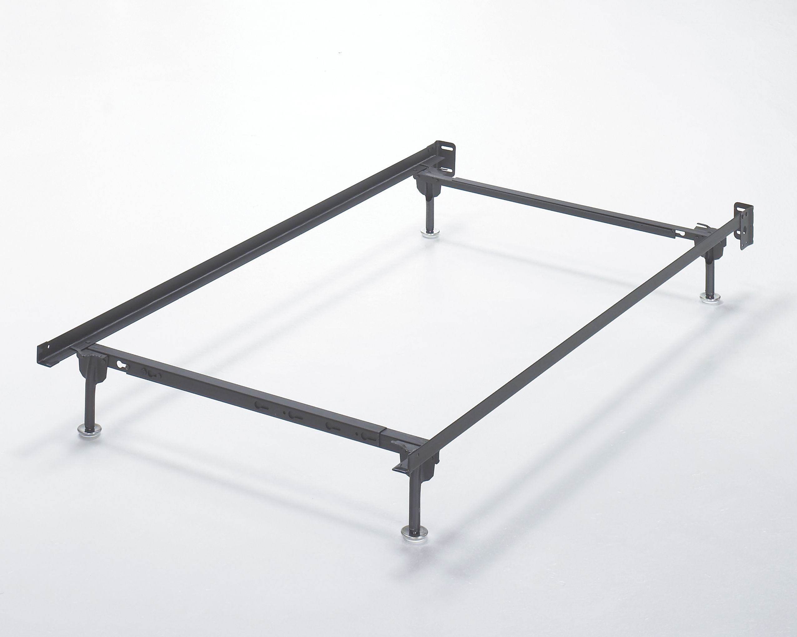 Bolt-on bed frame with dark metal rails and four leveling legs, no mattress