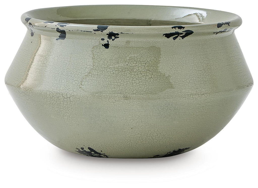 Antique sage ceramic bowl with crackle glaze and black silhouette accents