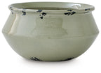 Antique sage ceramic bowl with crackle glaze and black silhouette accents