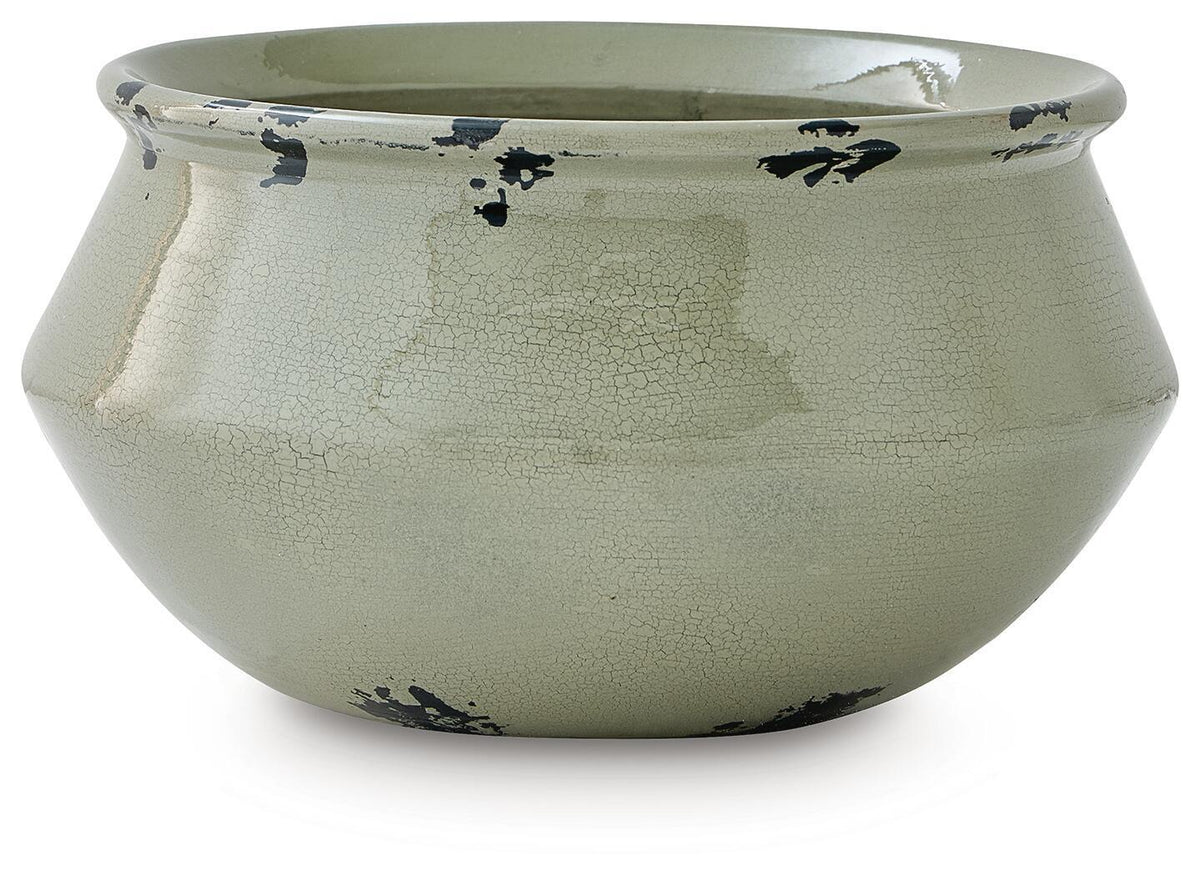 Antique sage ceramic bowl with crackle glaze and black silhouette accents