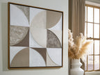 Framed wall art featuring geometric circle pattern in taupe, tan, and white