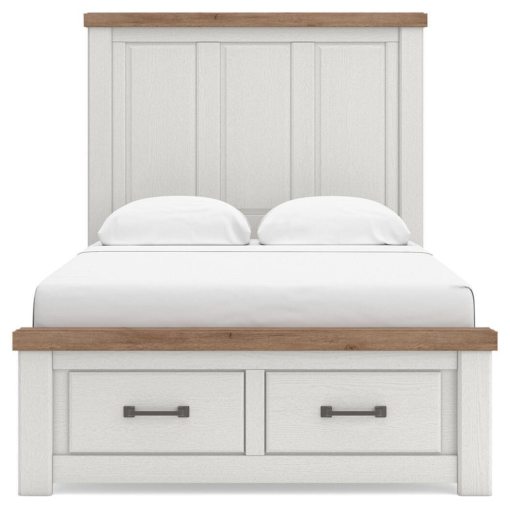 White panel storage bed with two front drawer compartments and wood top rail