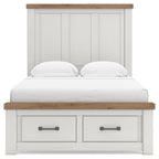 White panel storage bed with two front drawer compartments and wood top rail