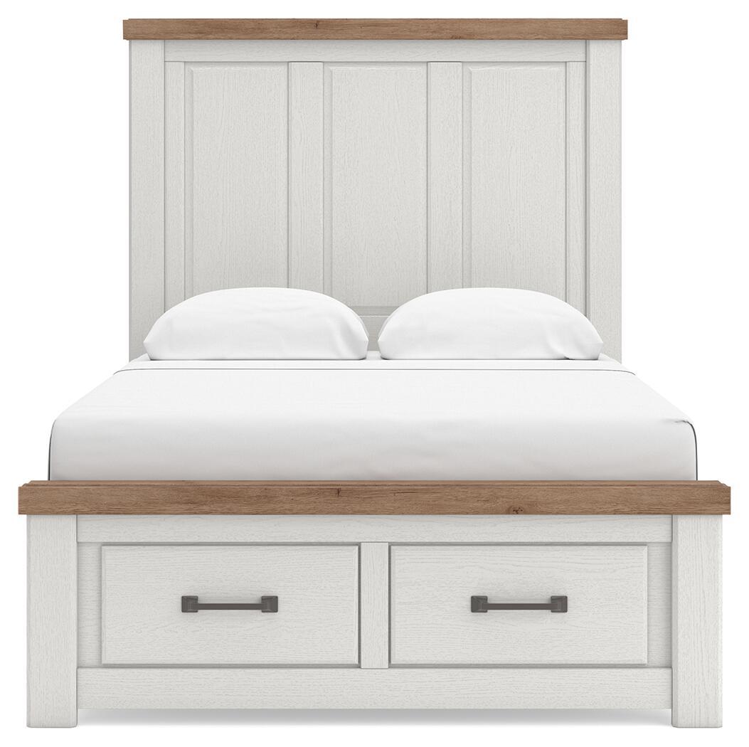 White panel storage bed with two front drawer compartments and wood top rail