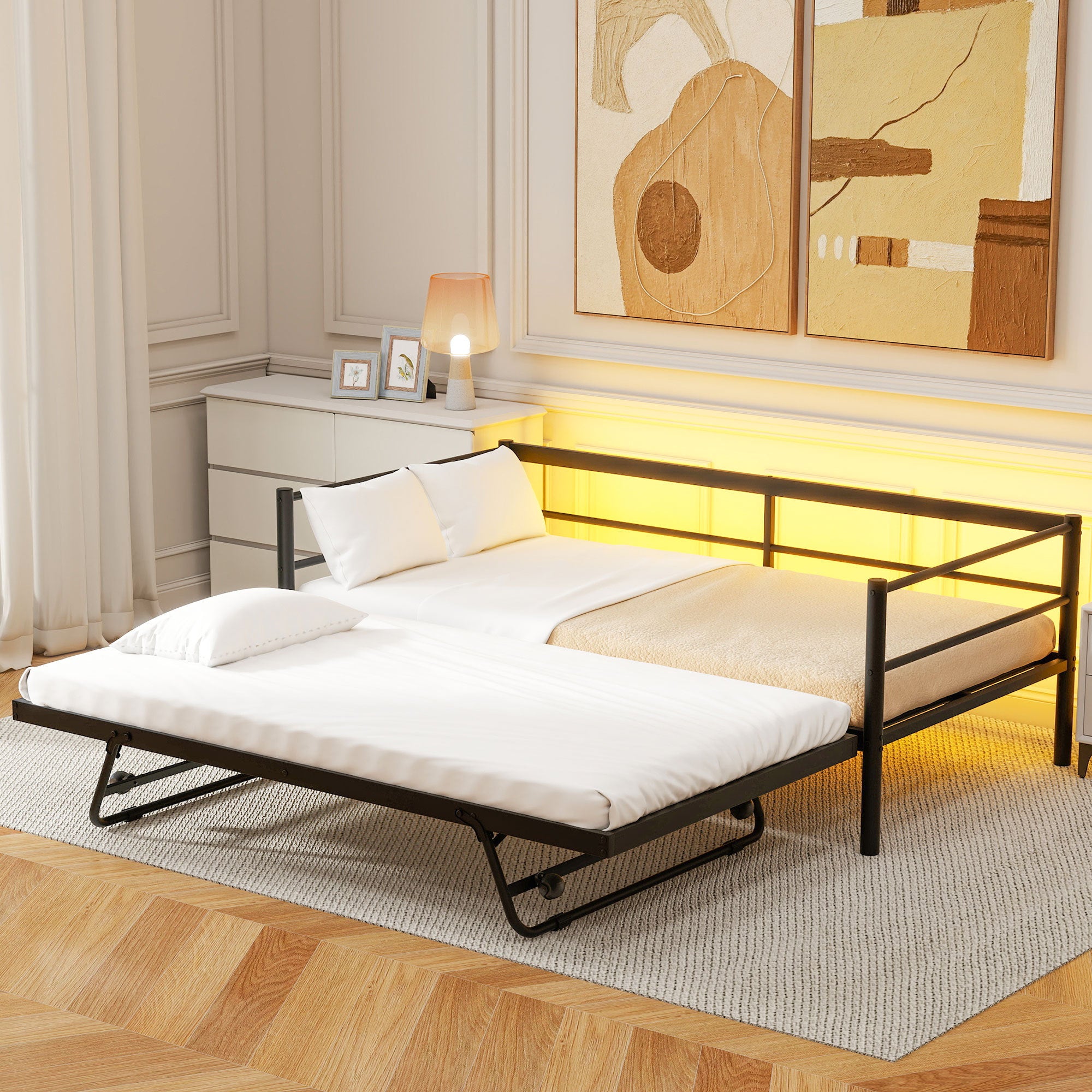 Black Twin Metal Daybed with LED & Pop Up Adjustable Trundle