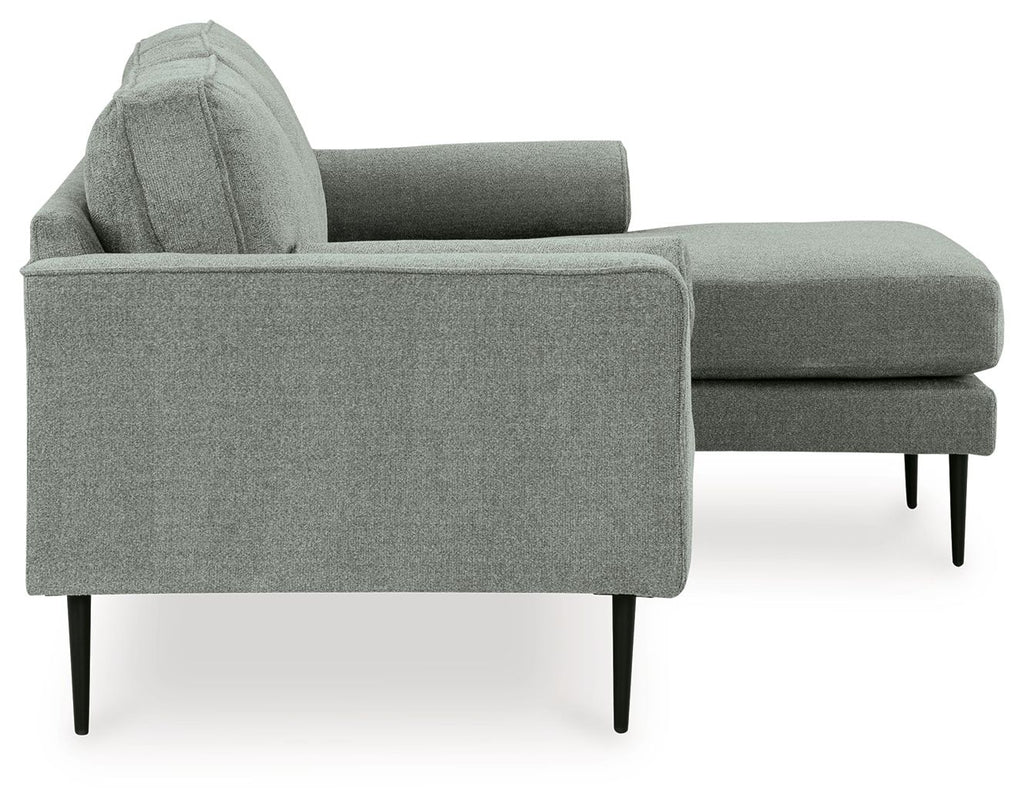 Charcoal chaise sofa end view with chaise cushion and tapered black legs