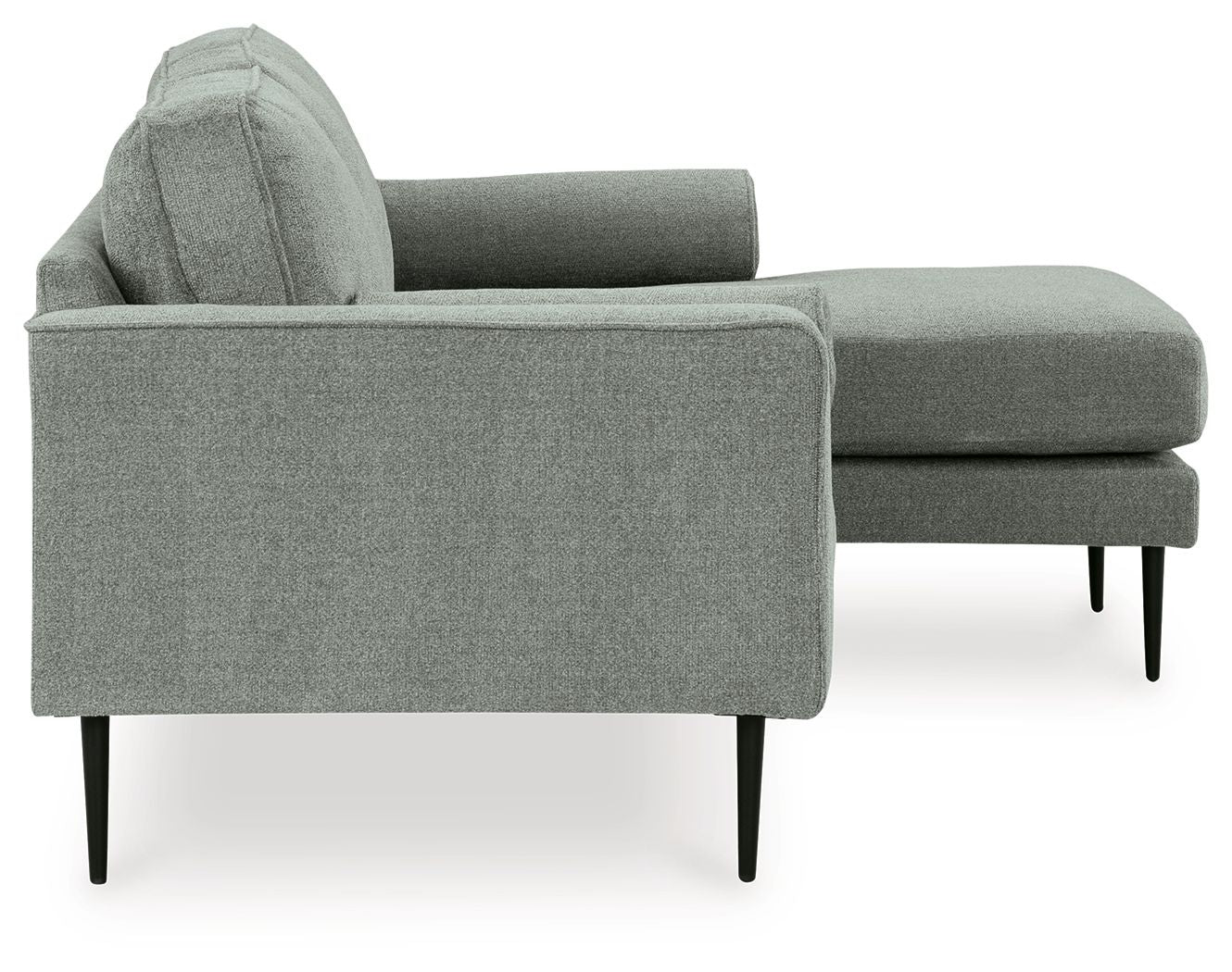 Charcoal chaise sofa end view with chaise cushion and tapered black legs