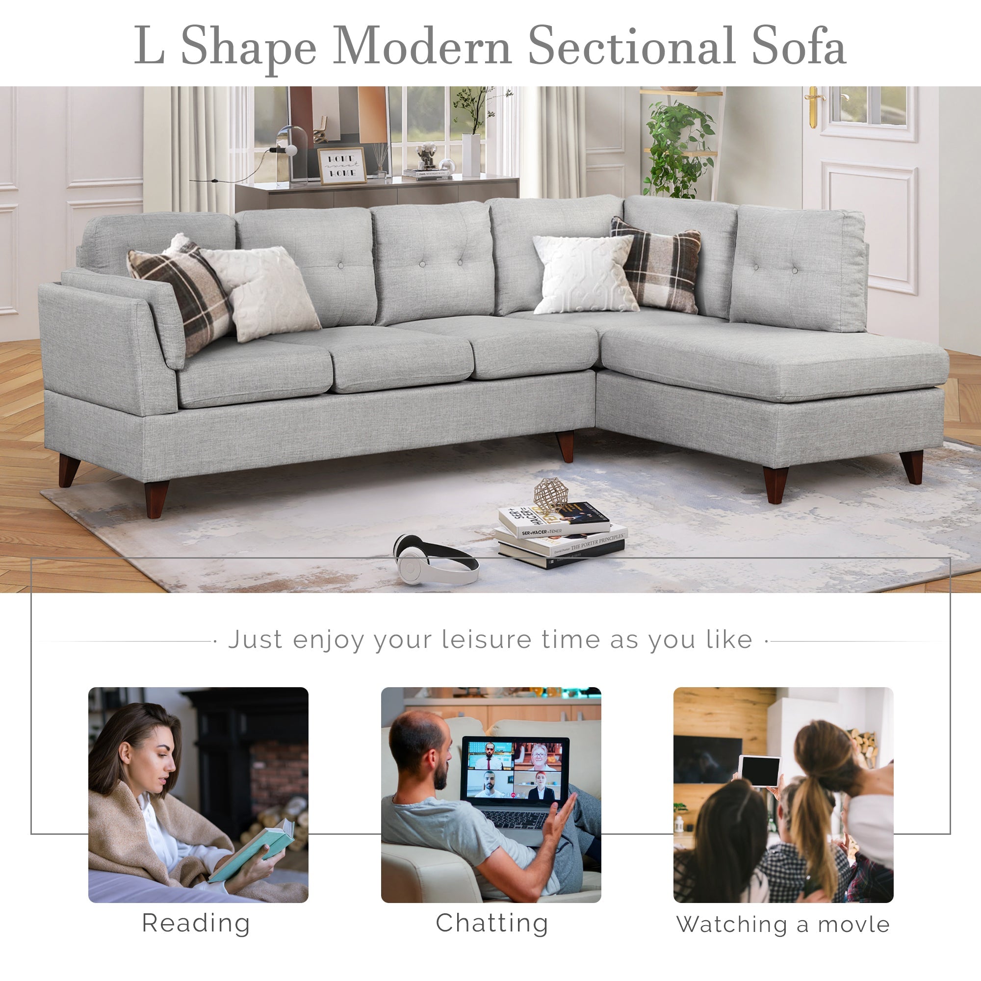 97.2" Modern Gray Linen Fabric L-Shape Sectional Sofa with Chaise Lounge and Lumbar Pad-American Furniture Outlet -American Furniture Outlet