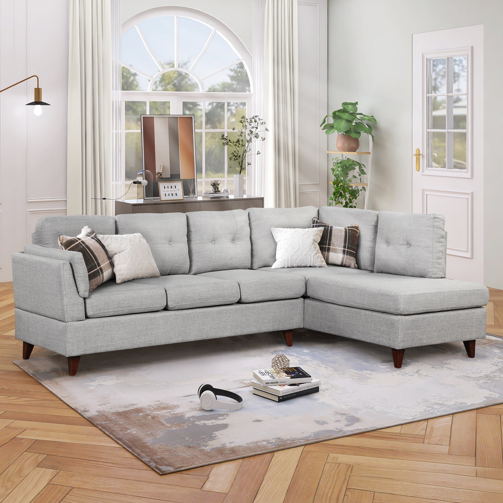 97.2" Modern Gray Linen Fabric L-Shape Sectional Sofa with Chaise Lounge and Lumbar Pad-American Furniture Outlet -American Furniture Outlet