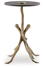 Black round accent table with antique gold twisted metal tripod legs, front view