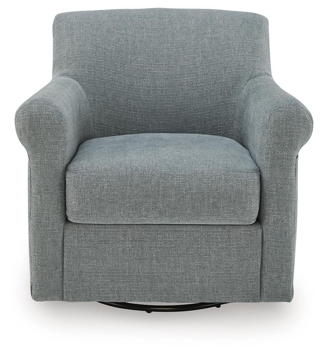 Gray accent swivel chair with thick arm cushions and cushioned backrest