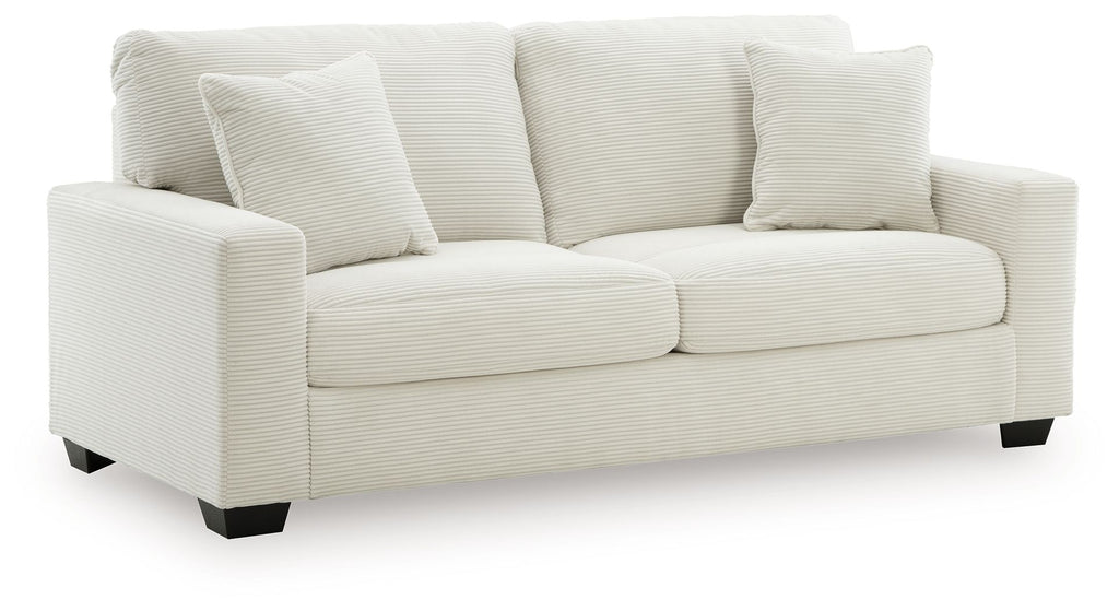 Greenbriar sofa in white textured fabric, three back cushions, dark block feet
