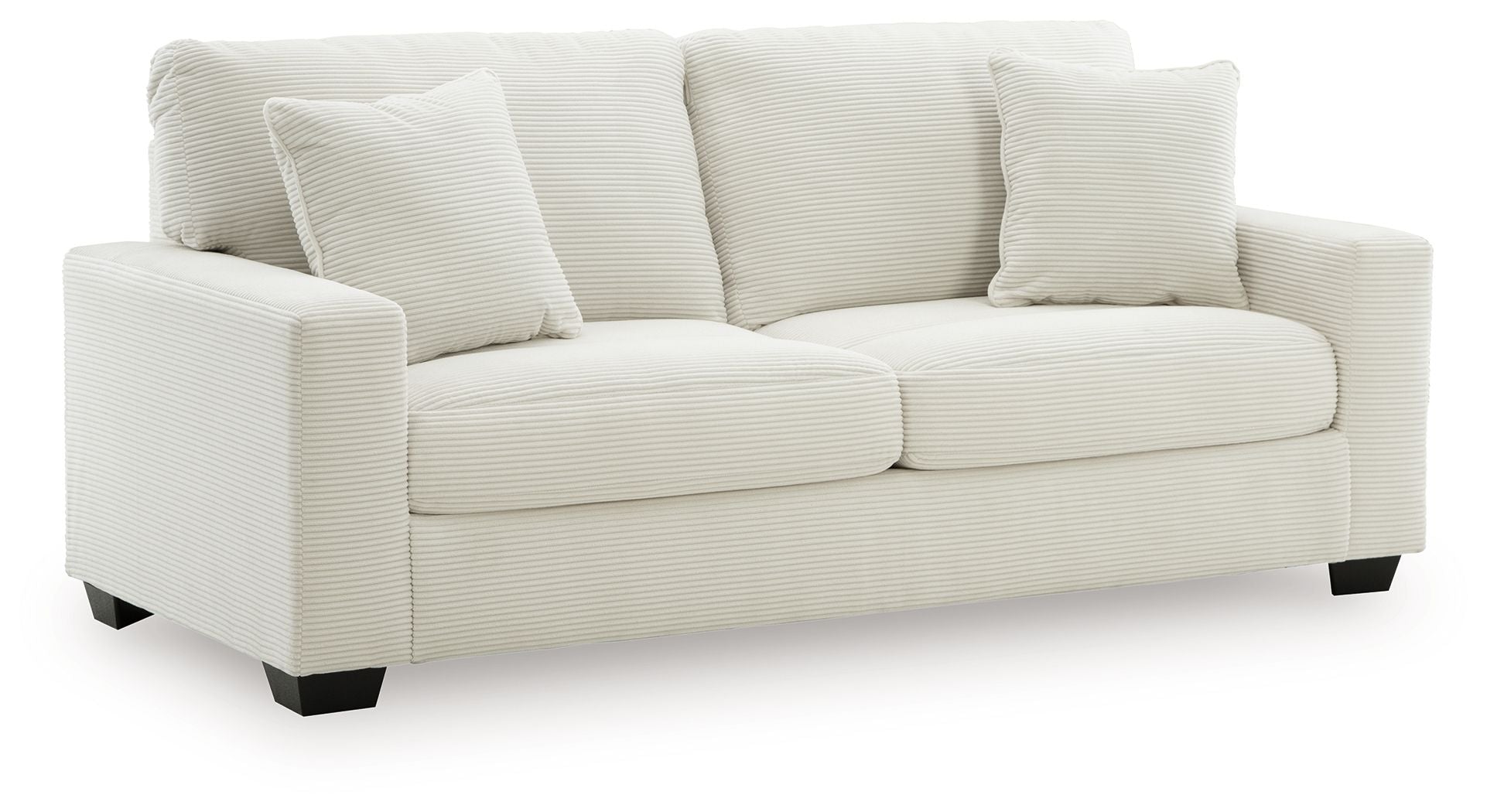 Greenbriar sofa in white textured fabric, three back cushions, dark block feet