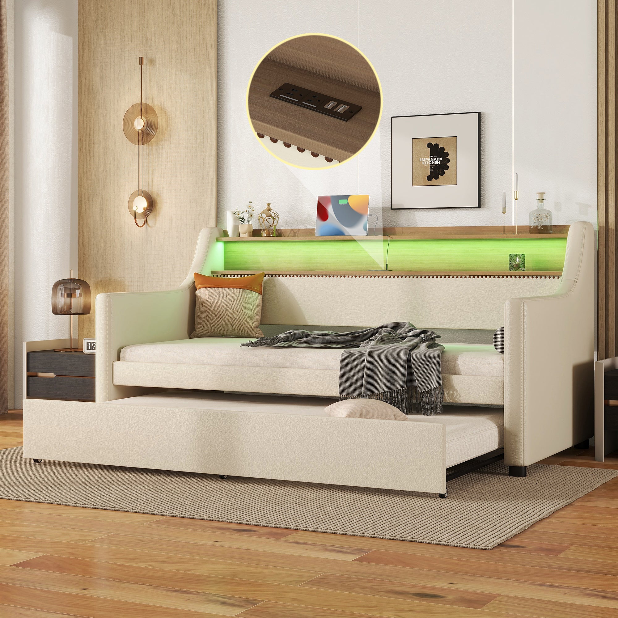 Beige Upholstered Twin Daybed w/ Trundle & USB