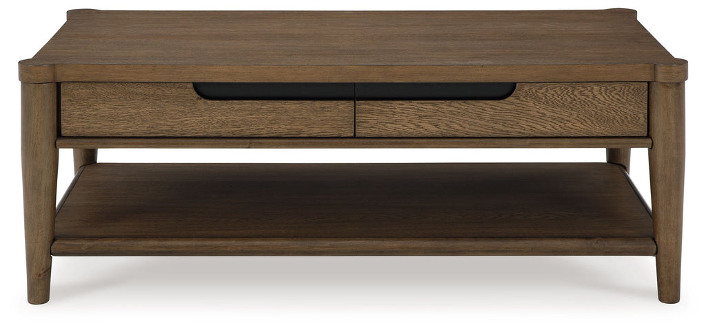 Rectangular brown coffee table with central drawer and open lower shelf
