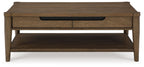 Rectangular brown coffee table with central drawer and open lower shelf