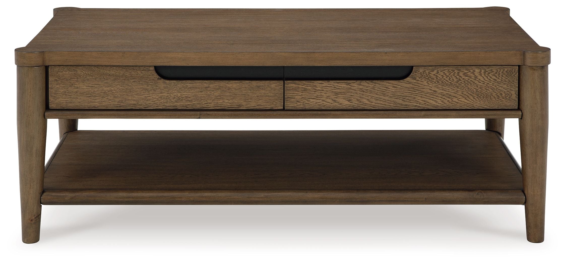 Rectangular brown coffee table with central drawer and open lower shelf