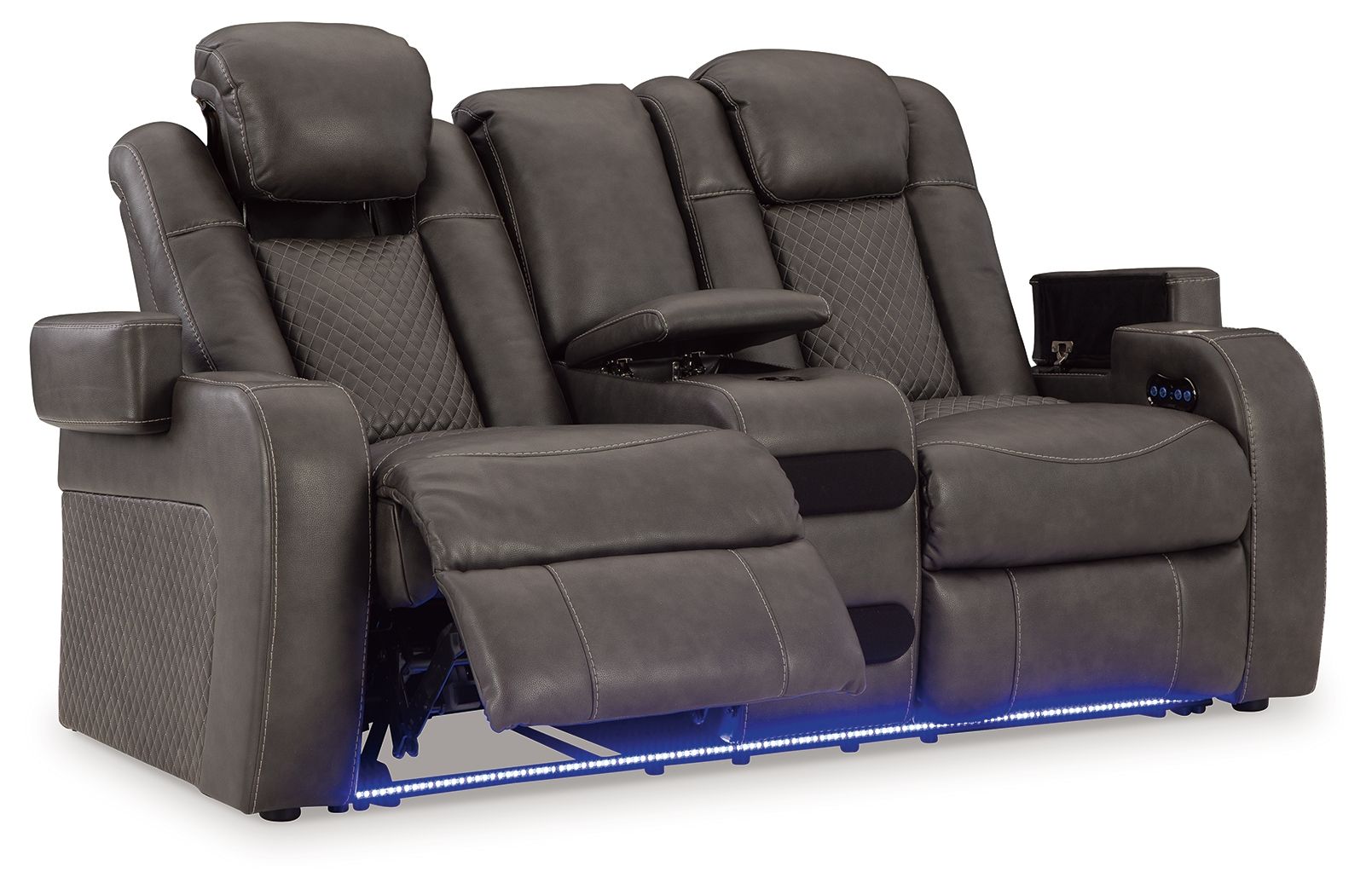 Dark gray power reclining loveseat with center console and reclined chaise-style seats
