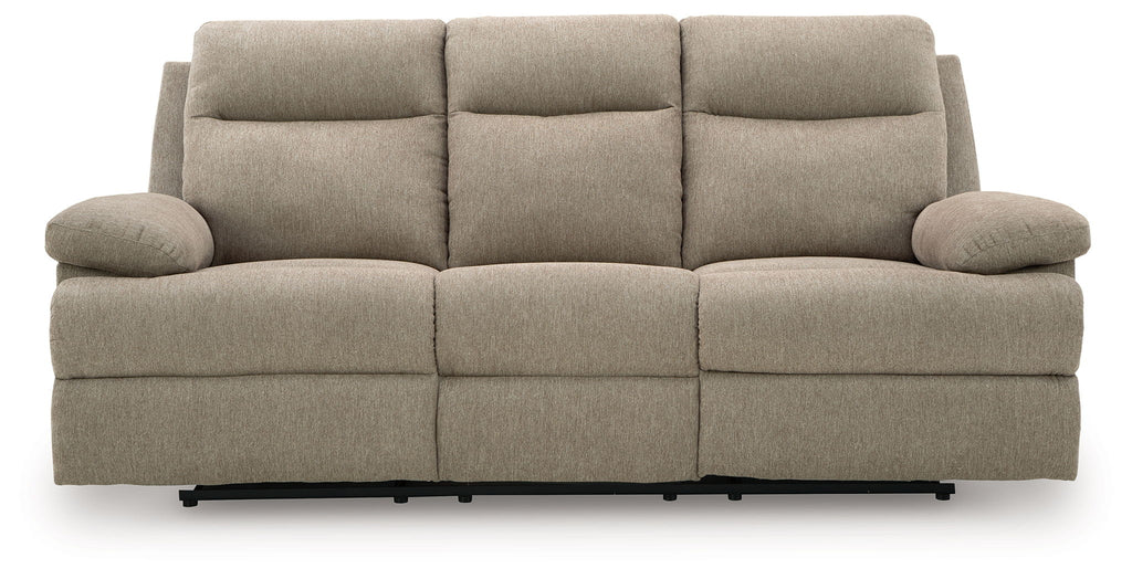 Light beige reclining sofa with tufted back and three-panel seat design