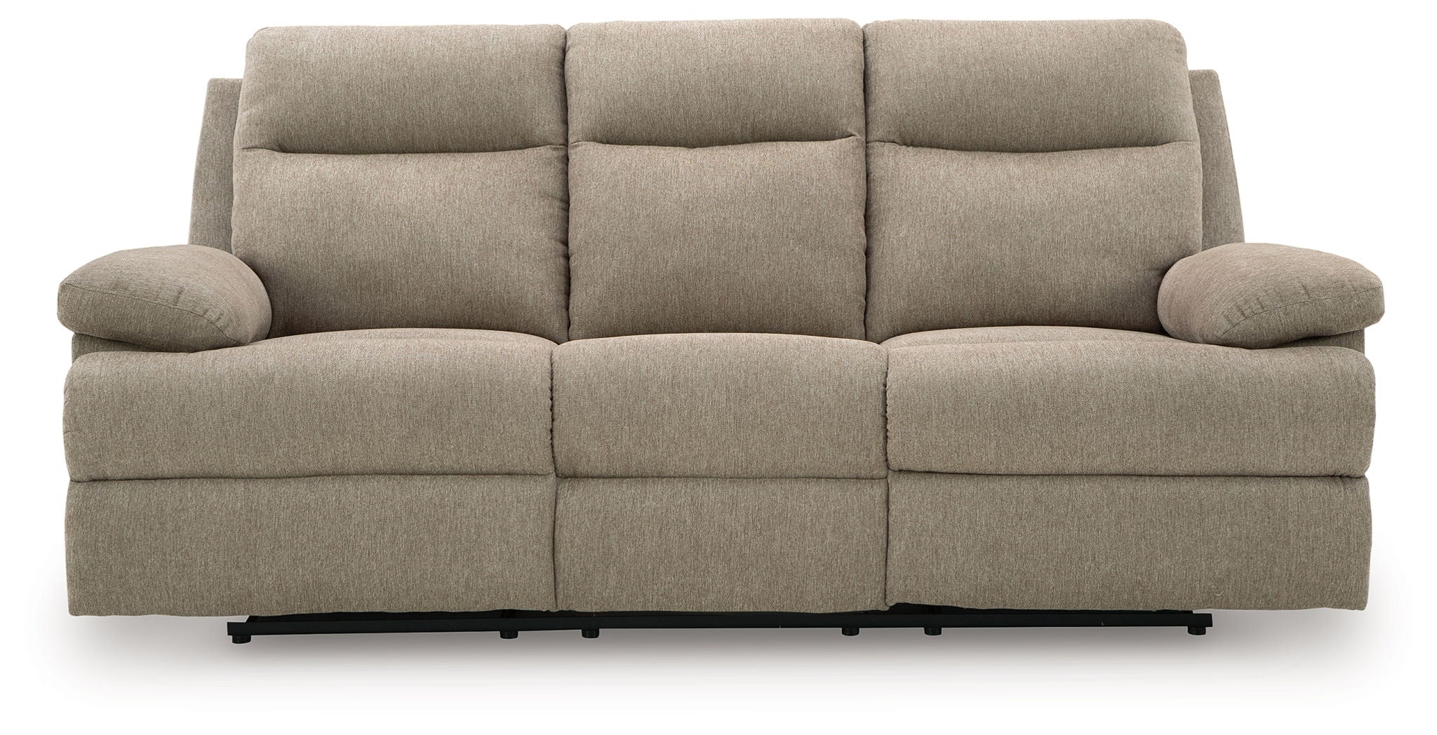 Light beige reclining sofa with tufted back and three-panel seat design