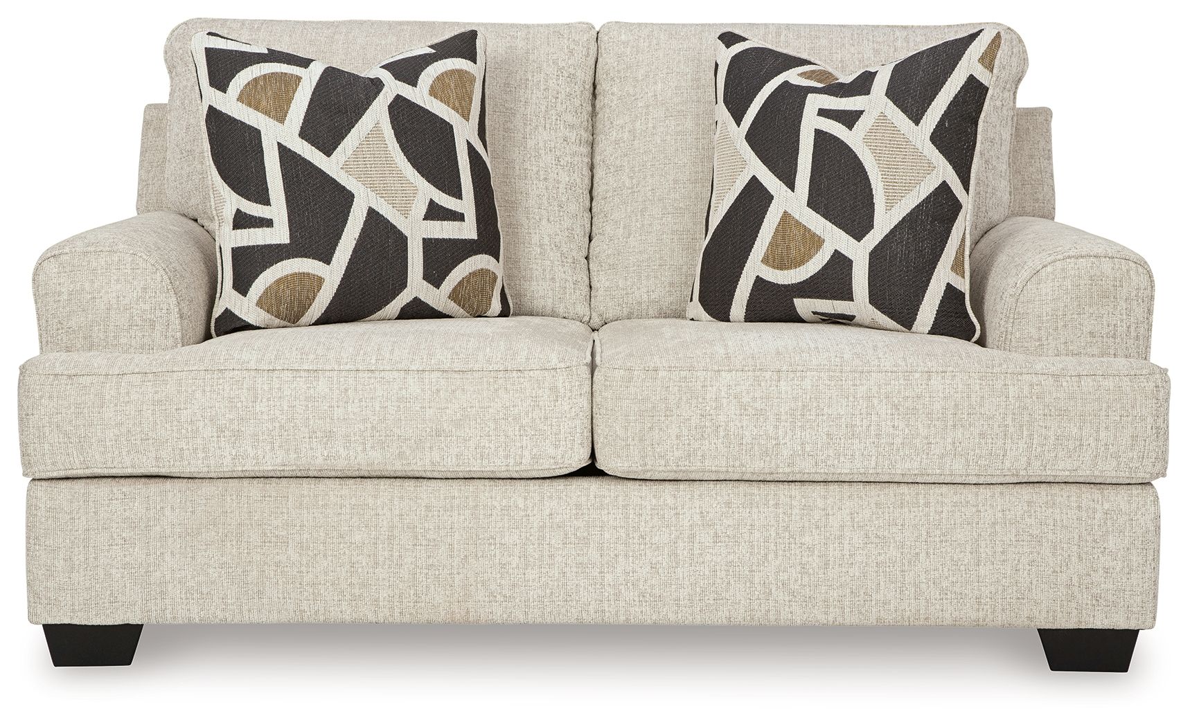 Light beige loveseat front view with two geometric black-and-beige throw pillows and dark feet