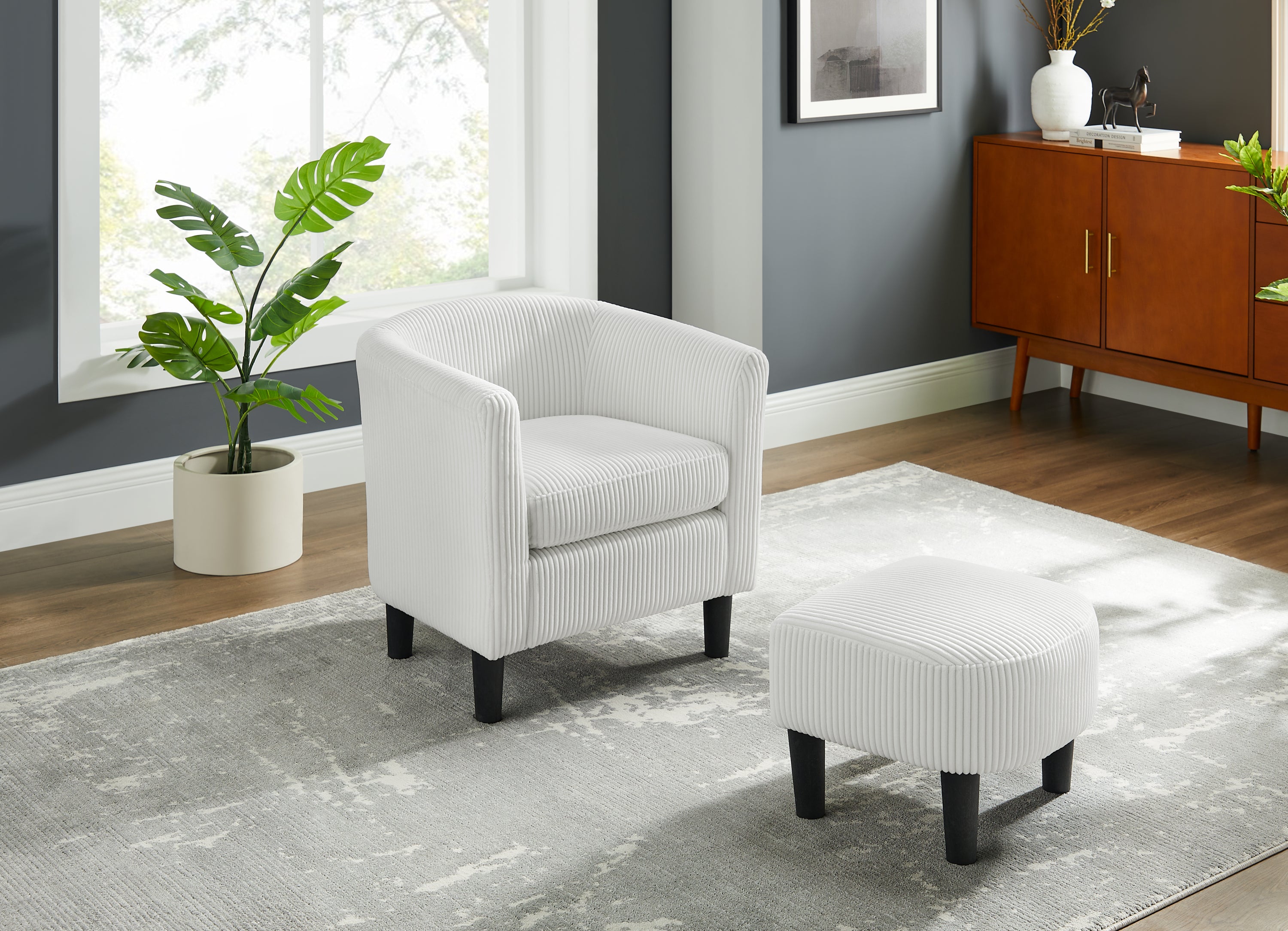 Modern White Accent Chair w/ Ottoman | Corduroy Armchair
