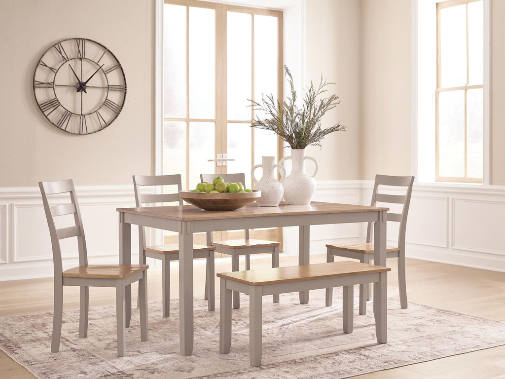 Dining table set with chairs and benches, light wood tabletop and gray frames