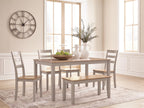 Dining table set with chairs and benches, light wood tabletop and gray frames