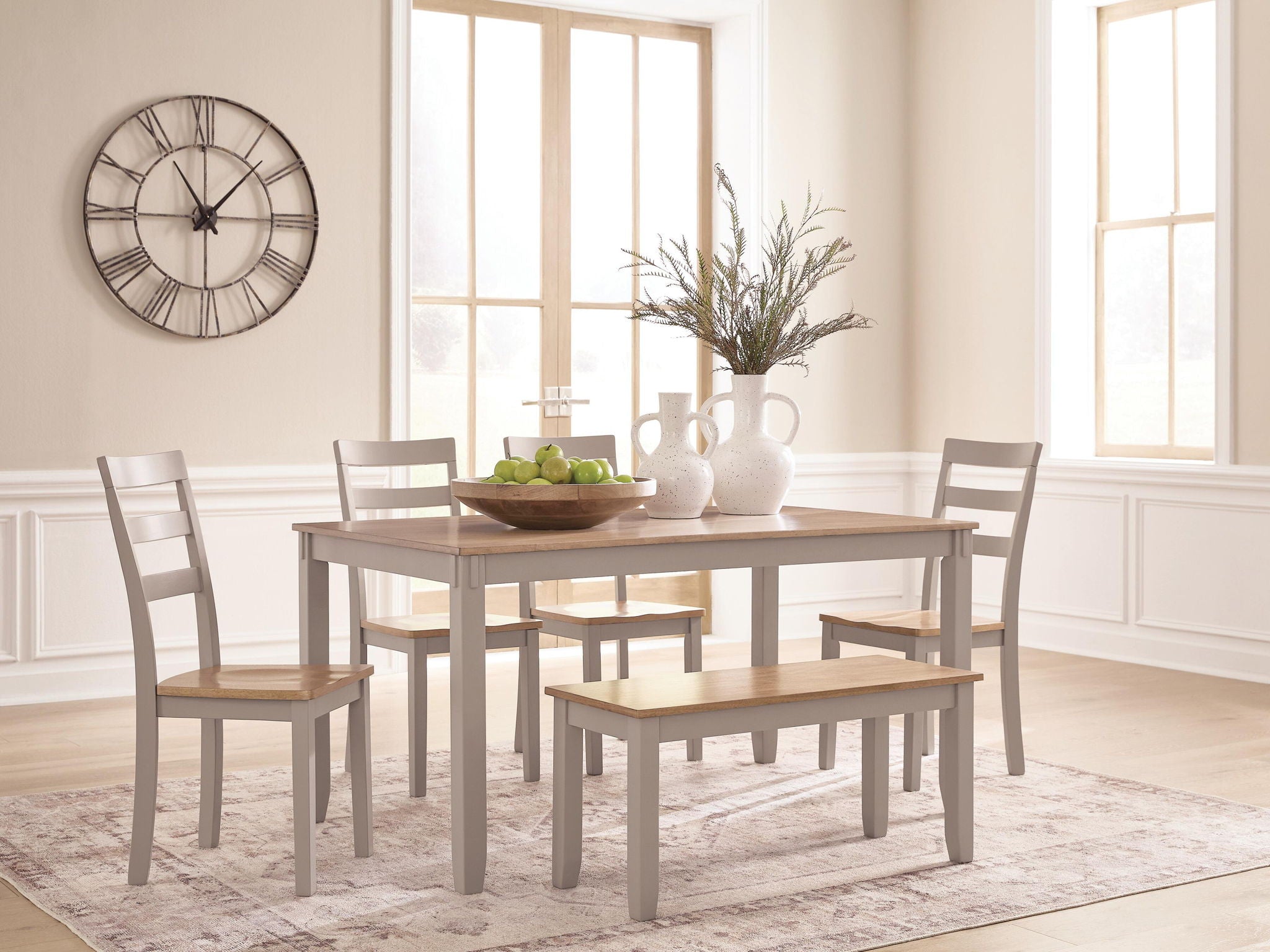 Dining table set with chairs and benches, light wood tabletop and gray frames