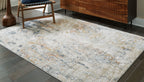 Distressed area rug with low-profile pile, light gray/blue distressed look