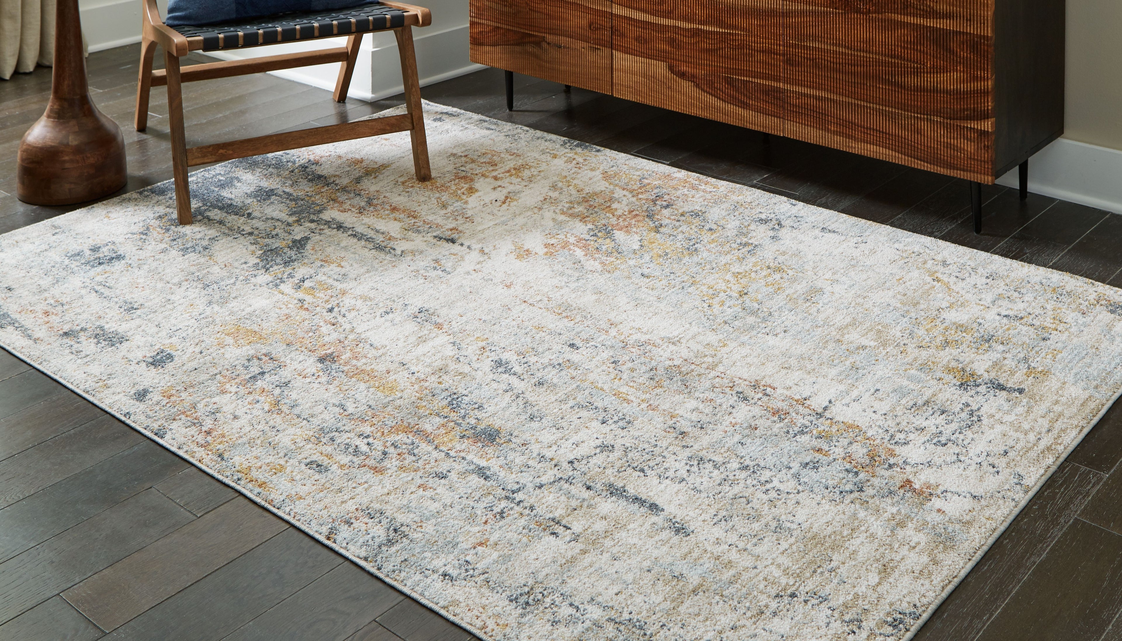 Distressed area rug with low-profile pile, light gray/blue distressed look