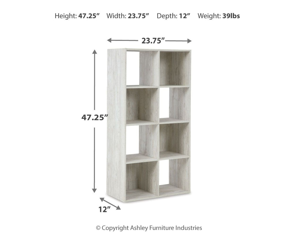 White cube organizer shelving unit with open cubbies, height 47.25 in