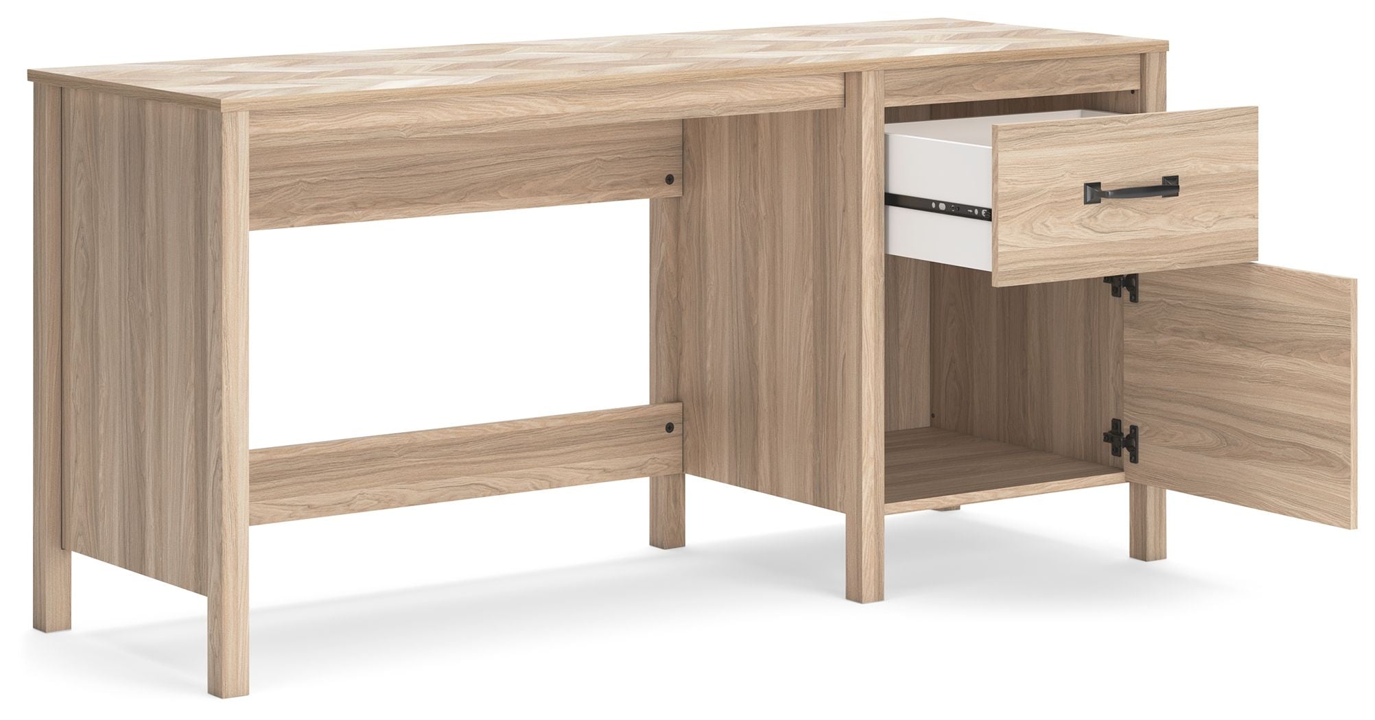 Tan home office desk with two drawers and open cabinet bay