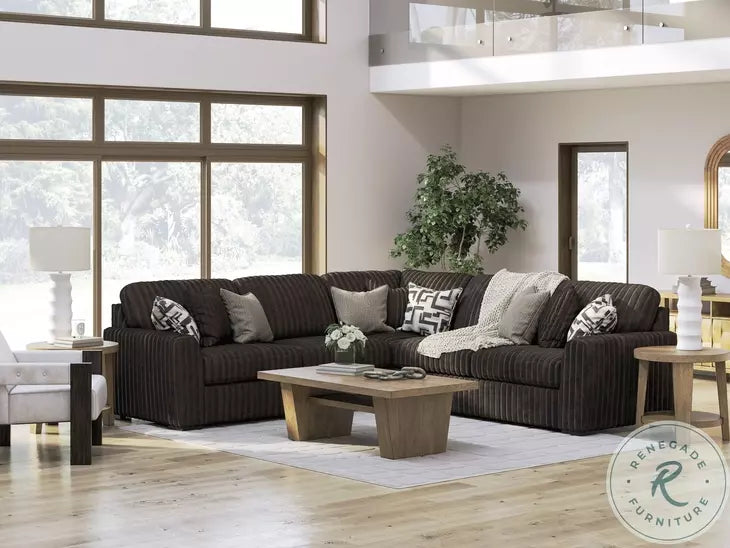 Sectional sofa with chaise, dark brown corded fabric and patterned throw pillows