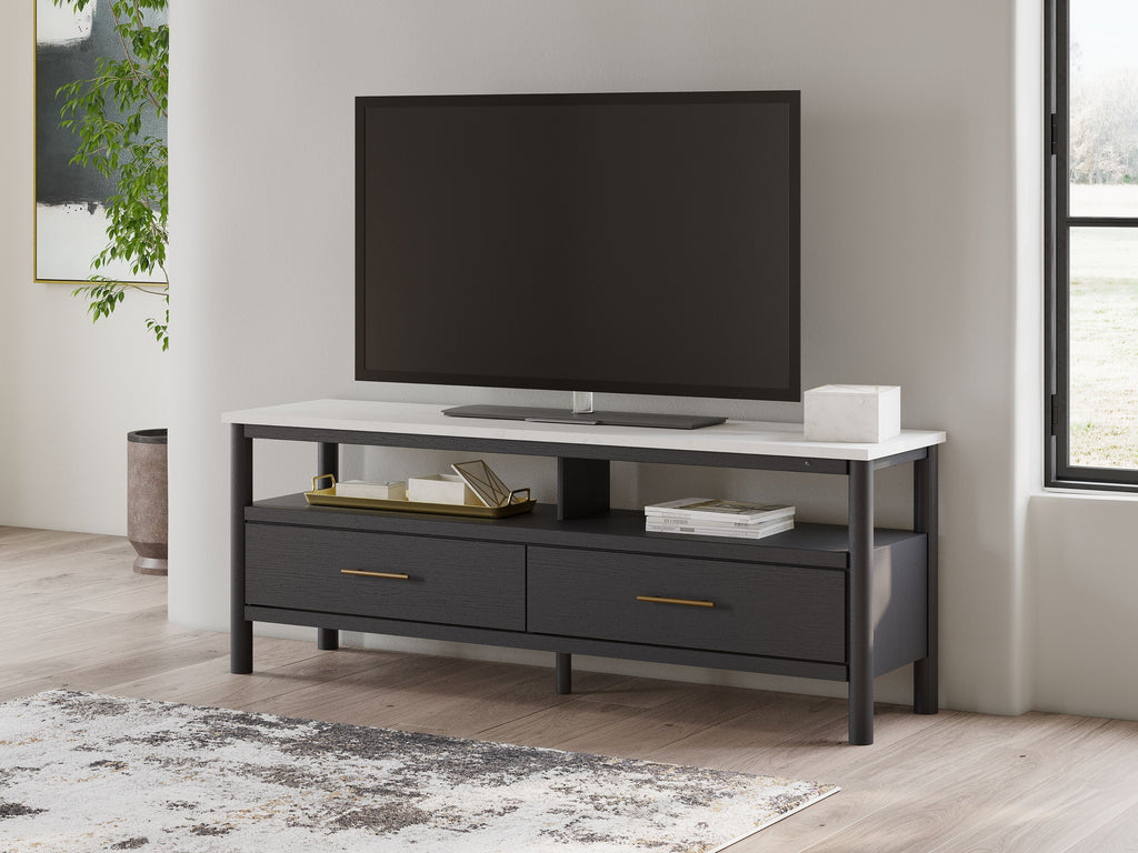 Dark gray TV stand with two drawers and open shelf for TV components
