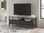 Dark gray TV stand with two drawers and open shelf for TV components